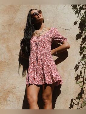 Bohme Lace Up Short Sleeve Floral Mini Dress size XL red NWT